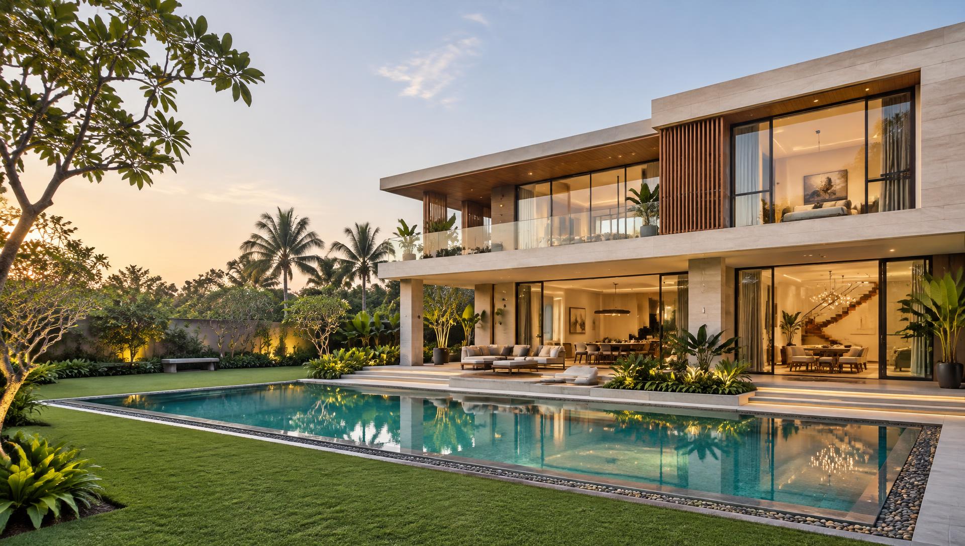 Contemporary luxury villa with landscaped garden and pool